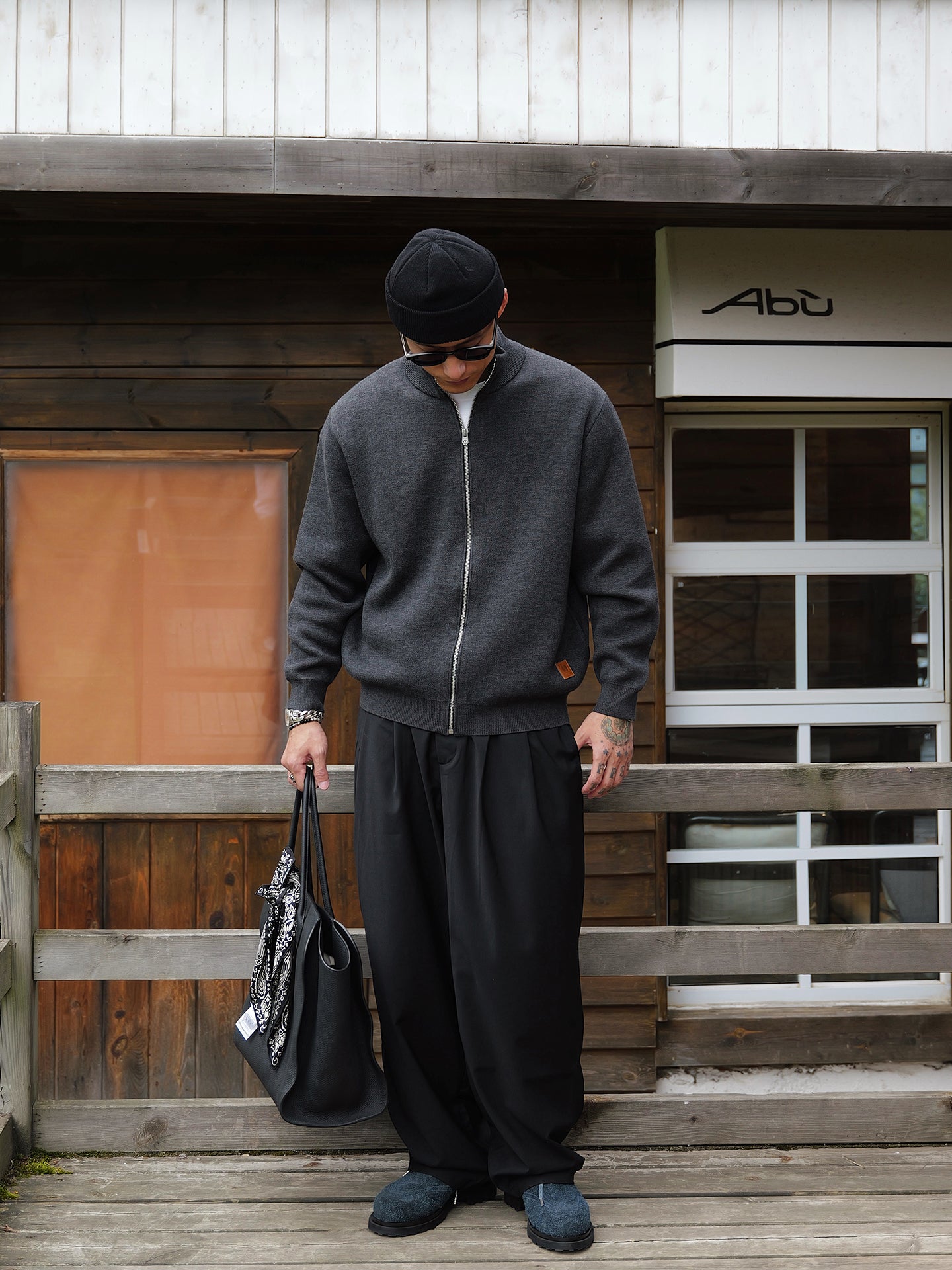 ウールブレンド・スタンドカラー・ニットジャケット N6091