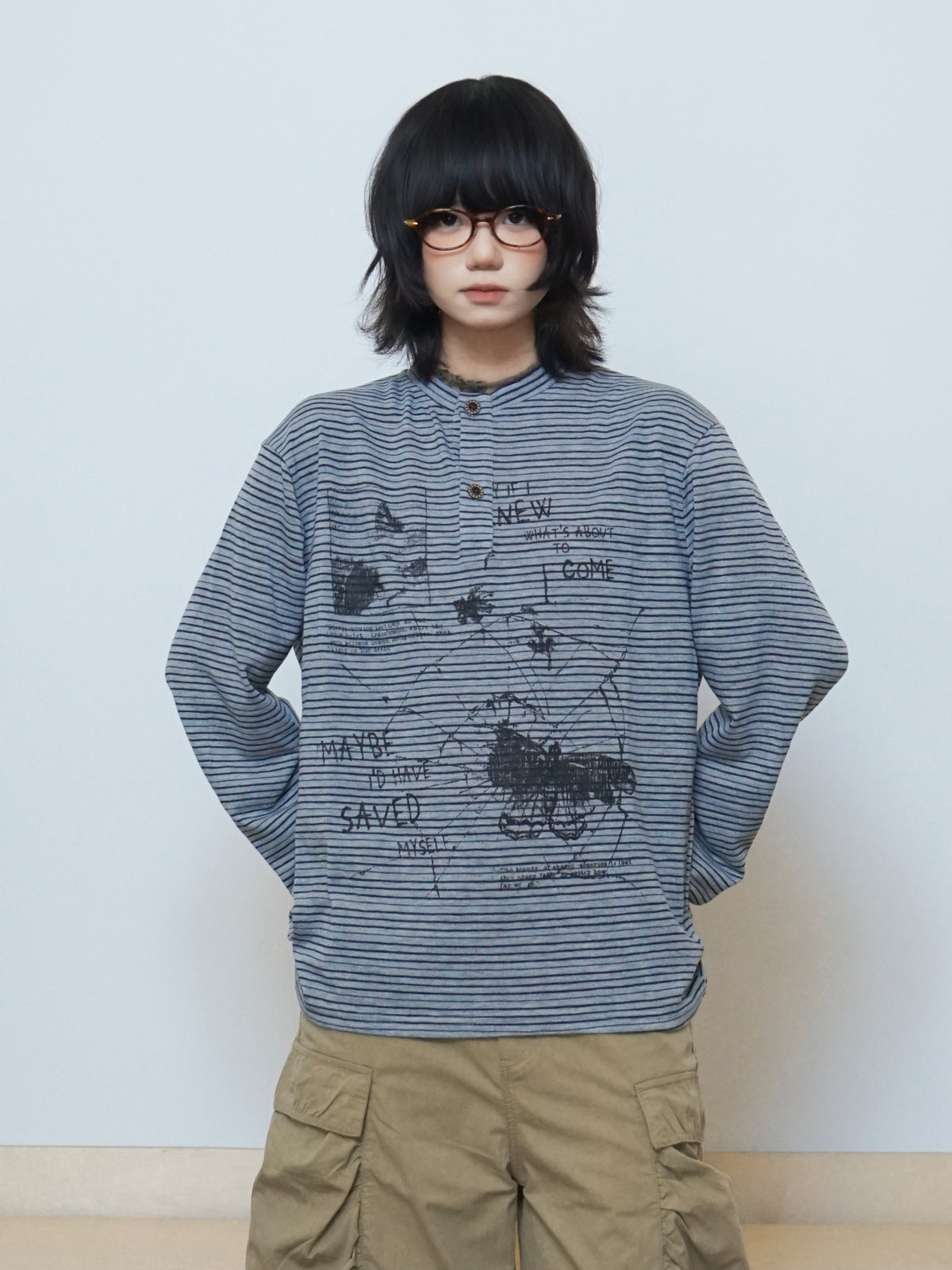 手描き風グラフィックボーダーヘンリーTシャツ N7309
