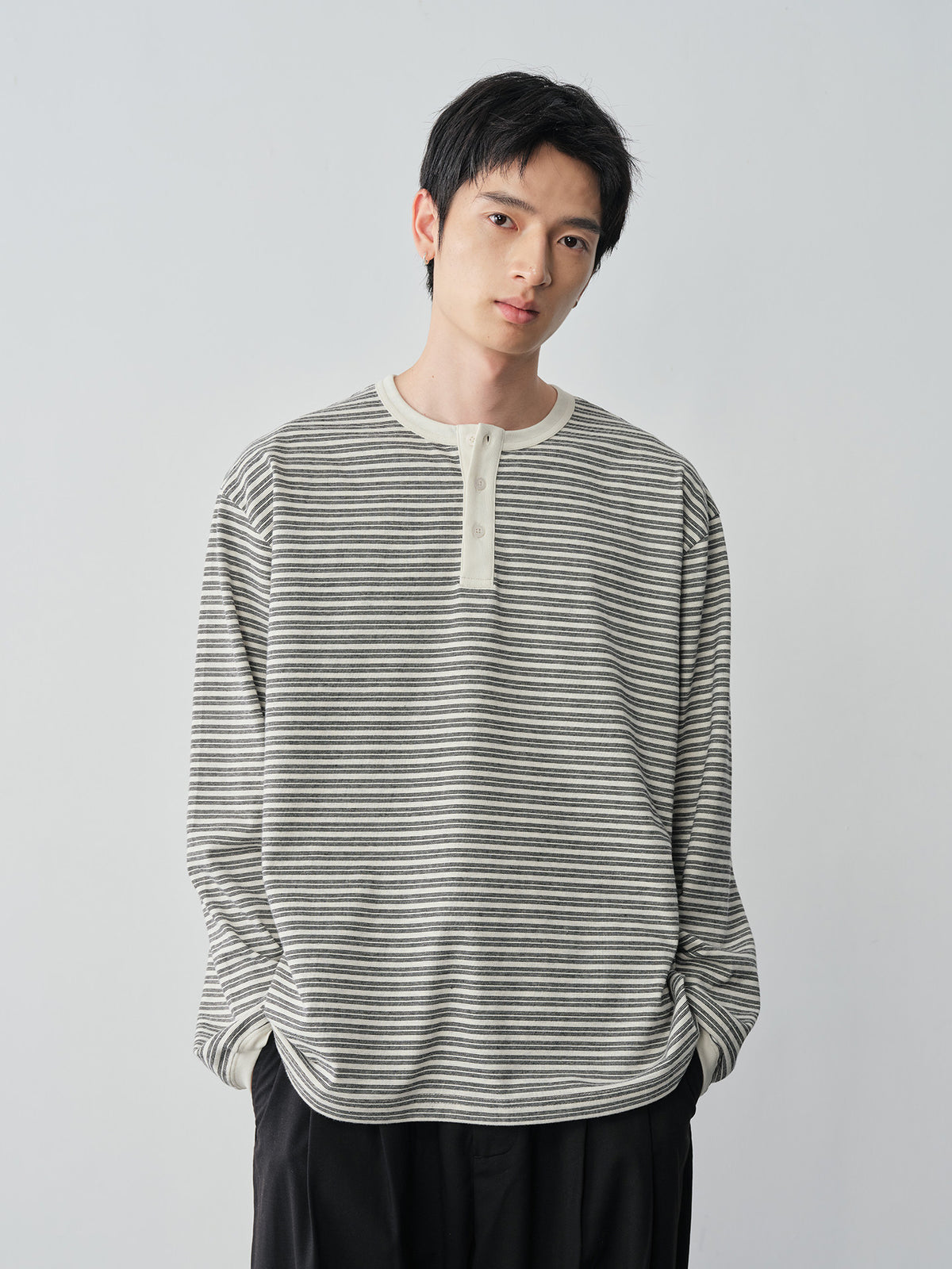 ボーダーヘンリーネックロングTシャツ N7334