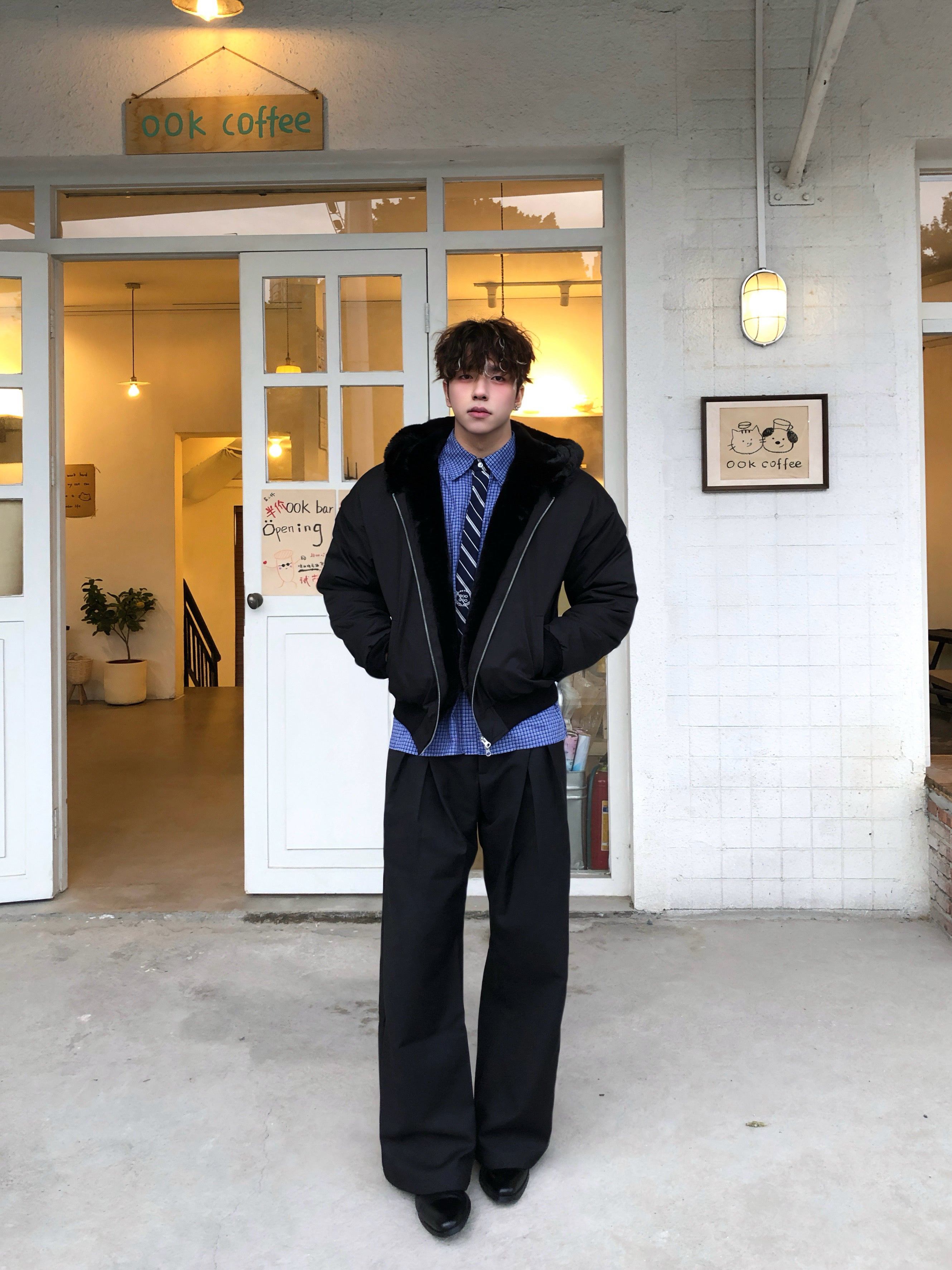 1500g仿ラビットファー裏地 フーデッド中綿ジャケット　N6283