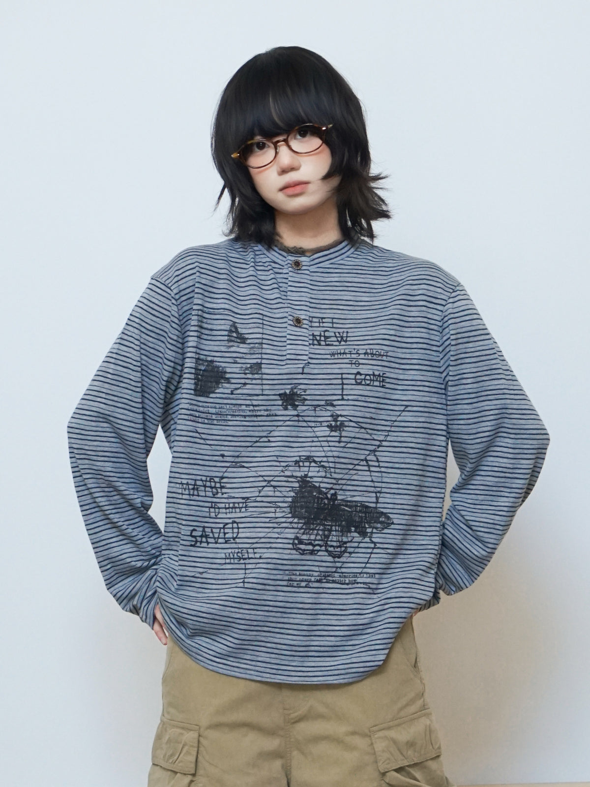 手描き風グラフィックボーダーヘンリーTシャツ N7309