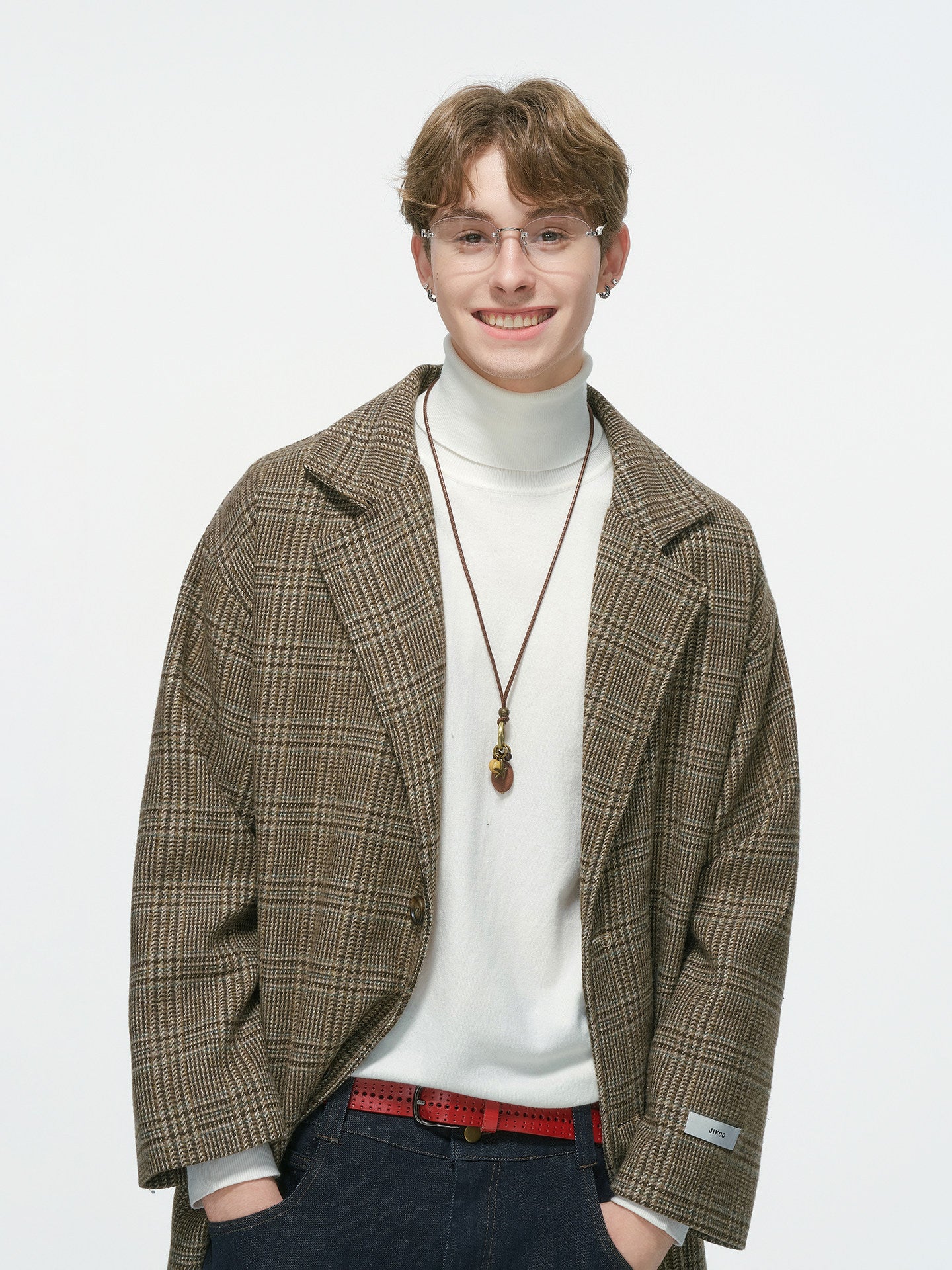 チェックウール 中綿入り ミドルレングスコート N6338