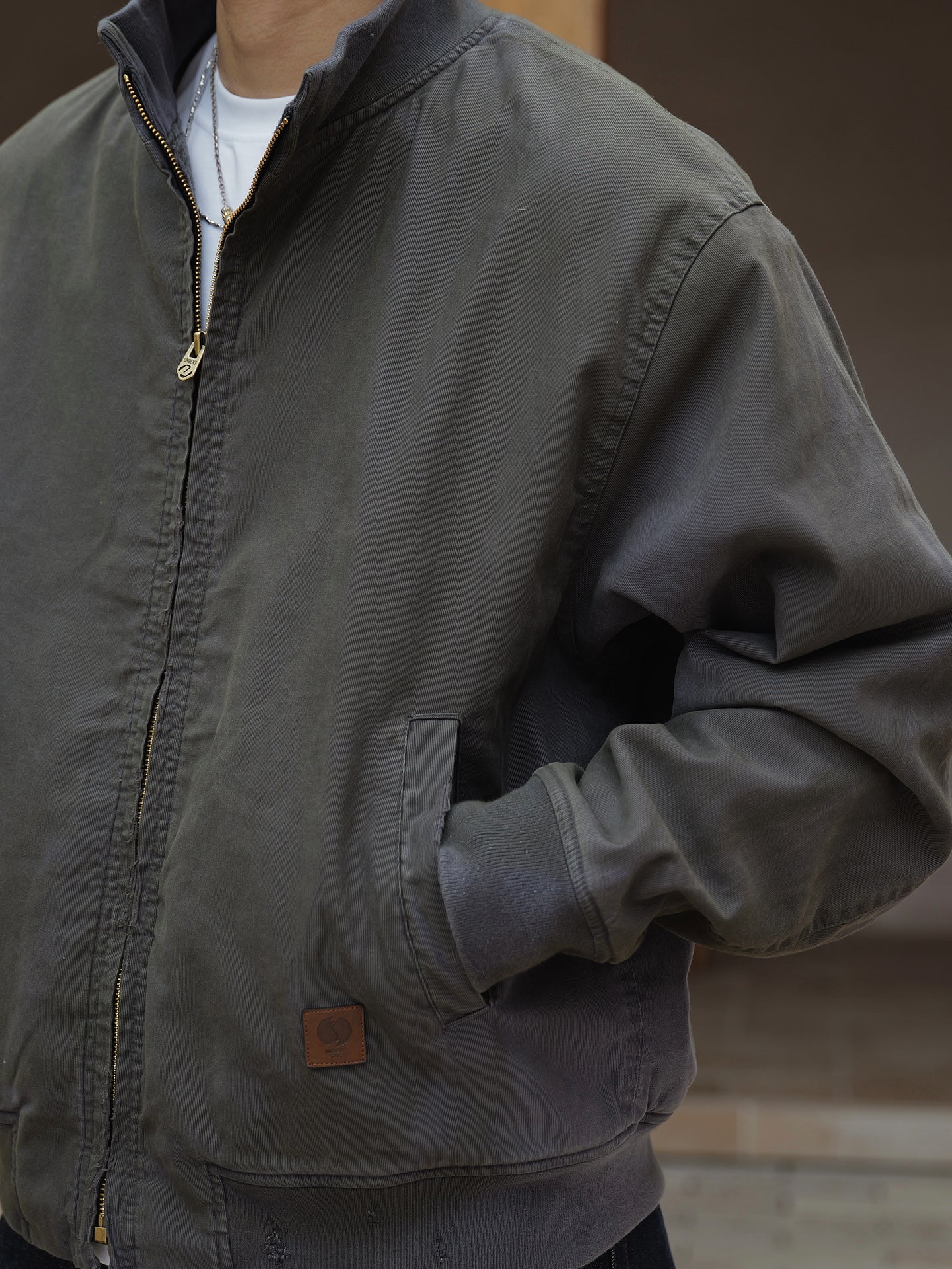 スプレーダイ＆ダメージ加工・裏起毛・スタンドカラーブルゾン　N6221