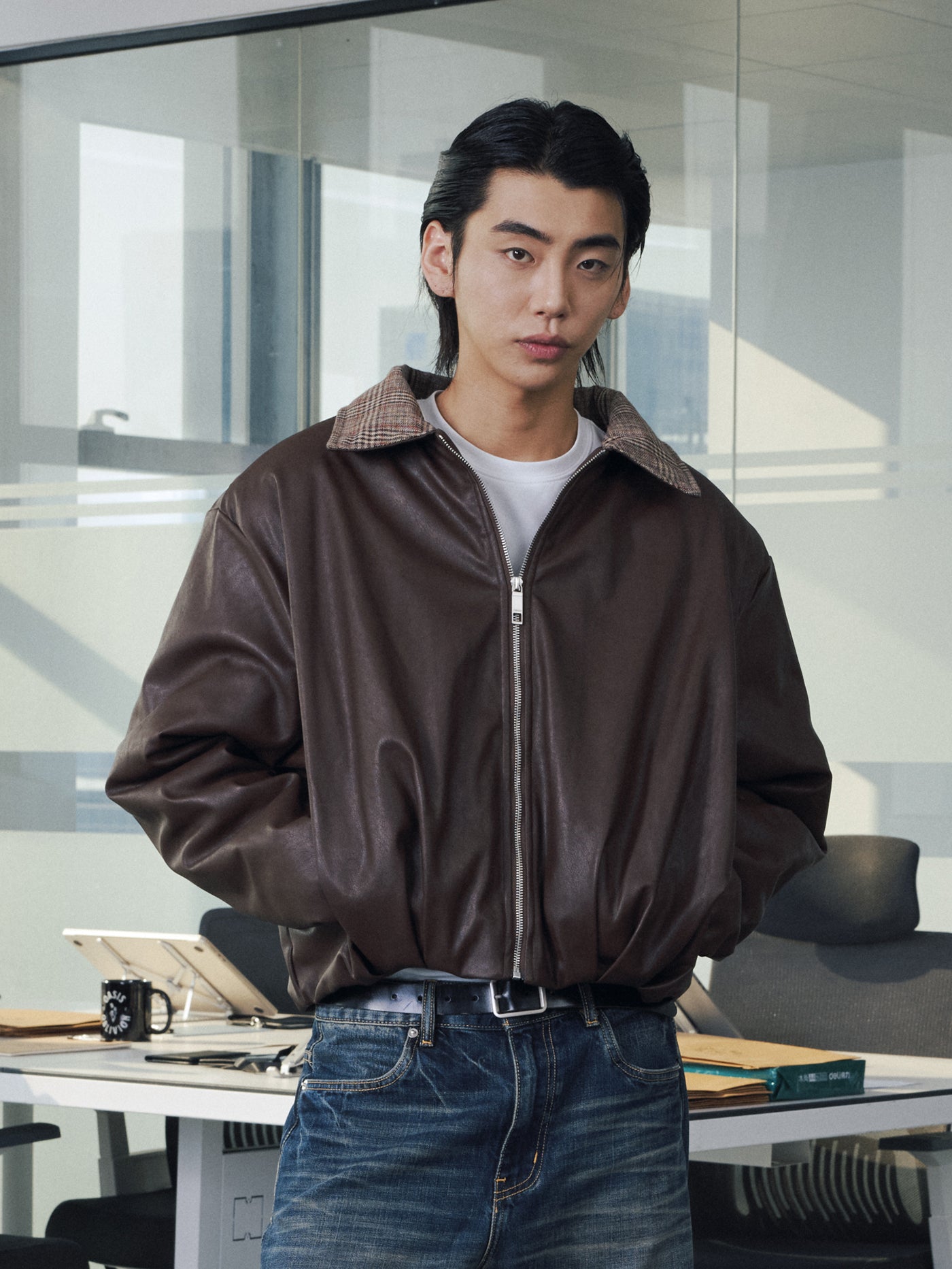 千鳥格子レザーカラー・中綿ボンバージャケット N6190