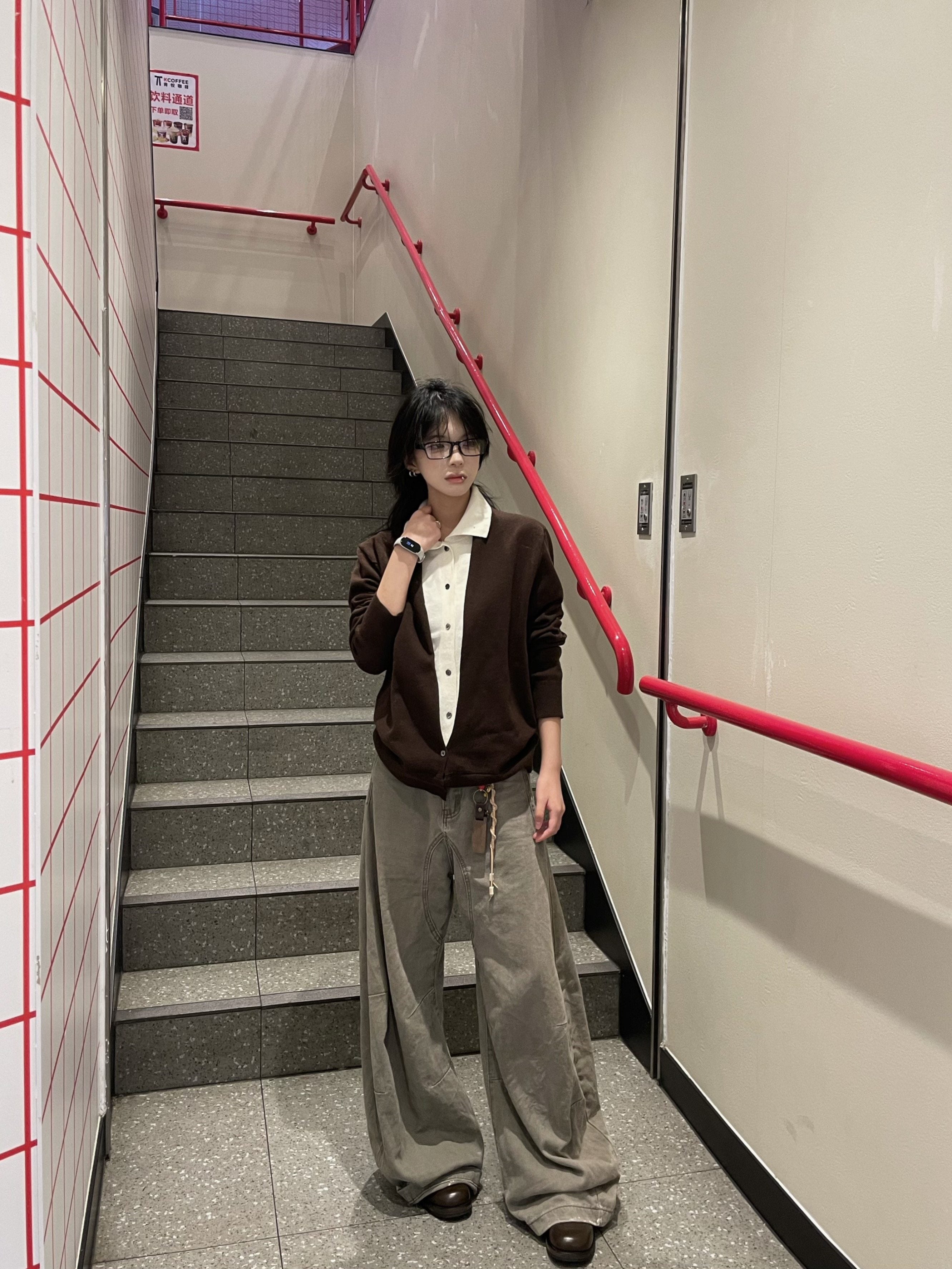 レイヤード風 バイカラー ハイネックニットカーディガン N6475