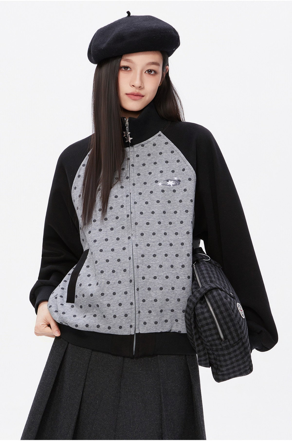 ドットプリント スタンドカラー ジップスウェット N6491