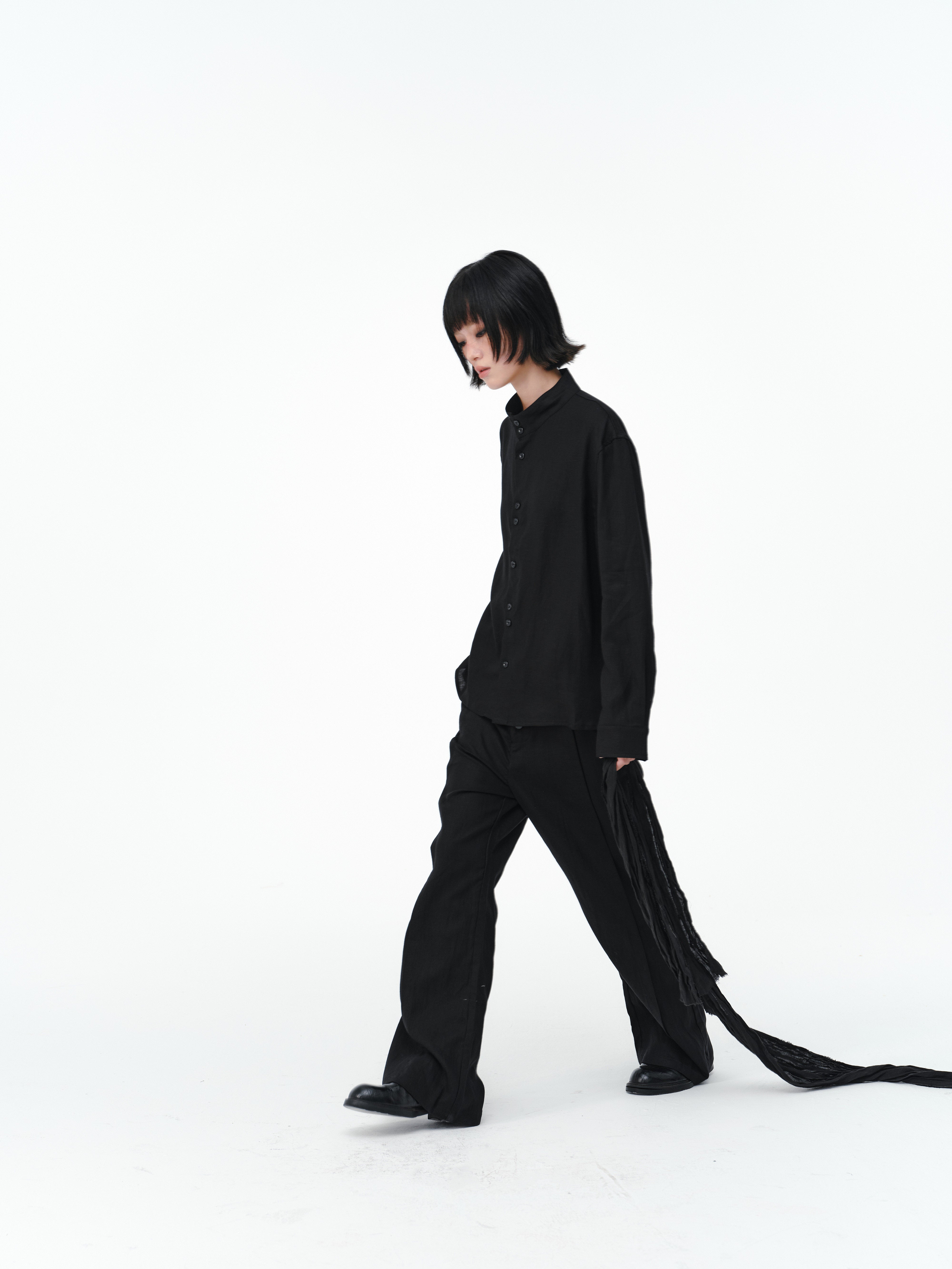 リネン混 スタンドカラー 非対称ボタンシャツ　N6856