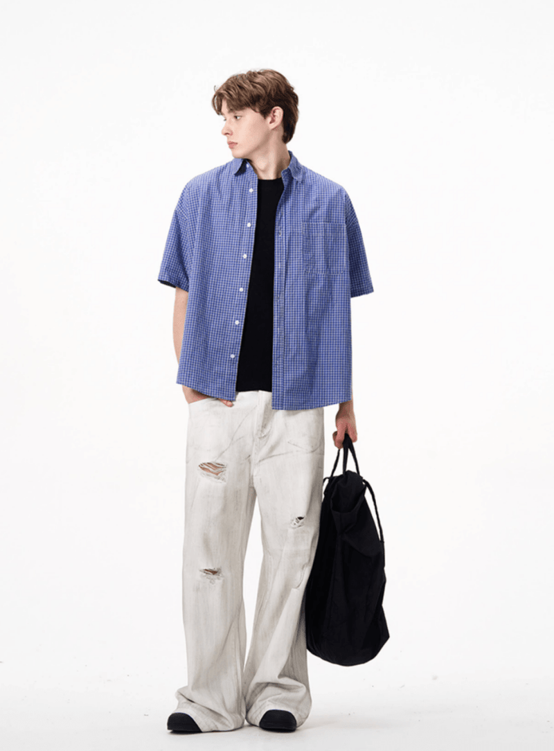 ブルーチェックシャツ コットン / Blue Check Shirt N5525 - ファッション通販NNine（ナイン）