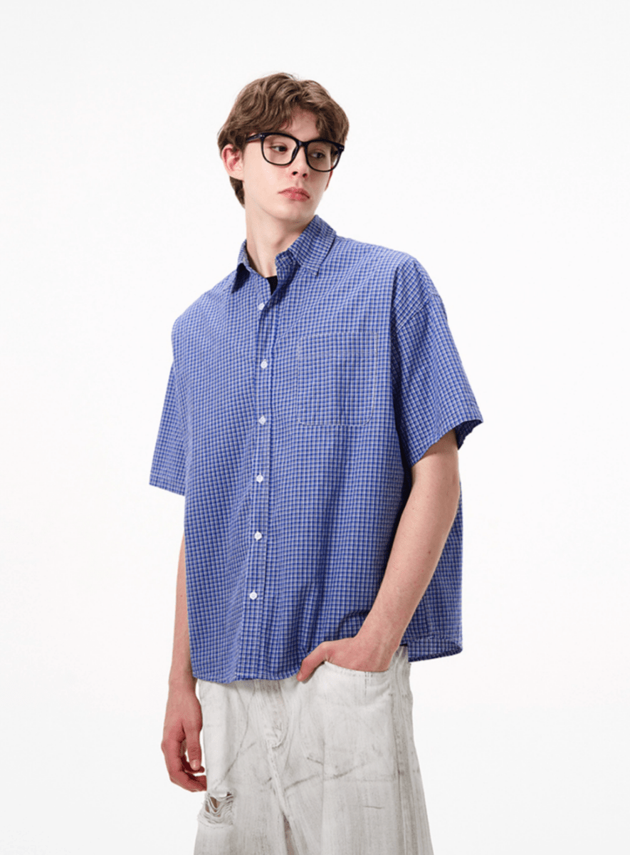 ブルーチェックシャツ コットン / Blue Check Shirt N5525 - ファッション通販NNine（ナイン）