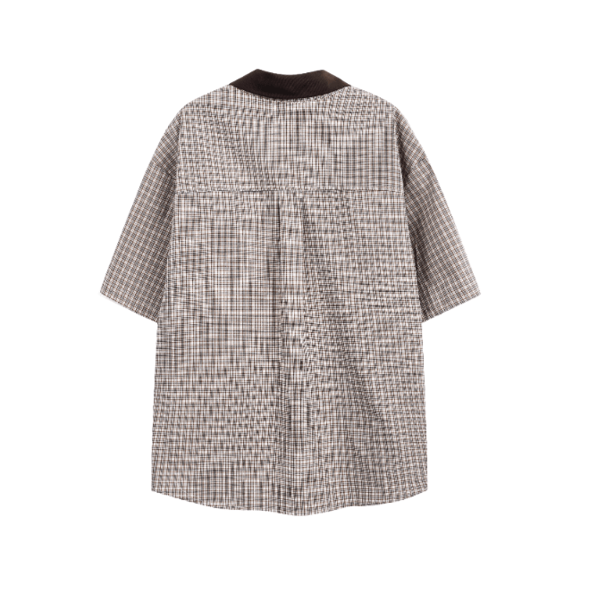 コーデュロイ襟 チェック柄 刺繍 半袖シャツ / Check Shirt N5585 - ファッション通販NNine（ナイン）