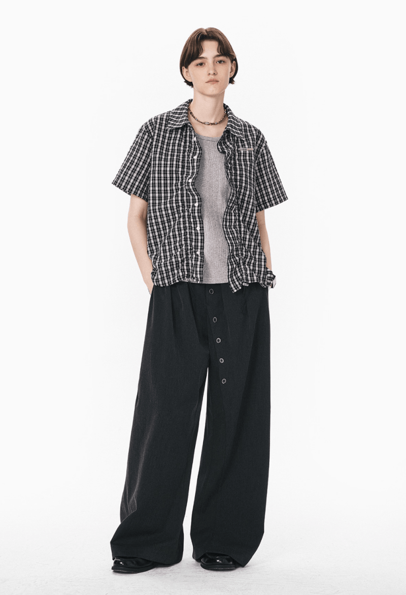 裾ドローコード付き チェック柄 半袖シャツ / Checked Wrinkle Shirt N5598 - ファッション通販NNine（ナイン）