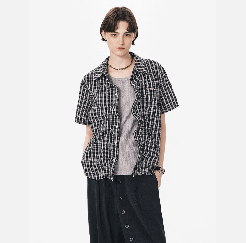 裾ドローコード付き チェック柄 半袖シャツ / Checked Wrinkle Shirt N5598 - ファッション通販NNine（ナイン）