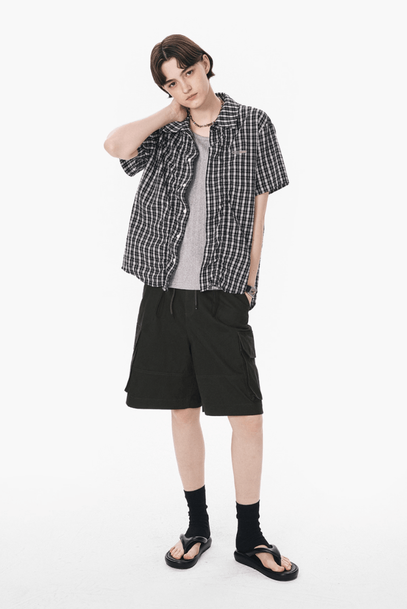 裾ドローコード付き チェック柄 半袖シャツ / Checked Wrinkle Shirt N5598 - ファッション通販NNine（ナイン）