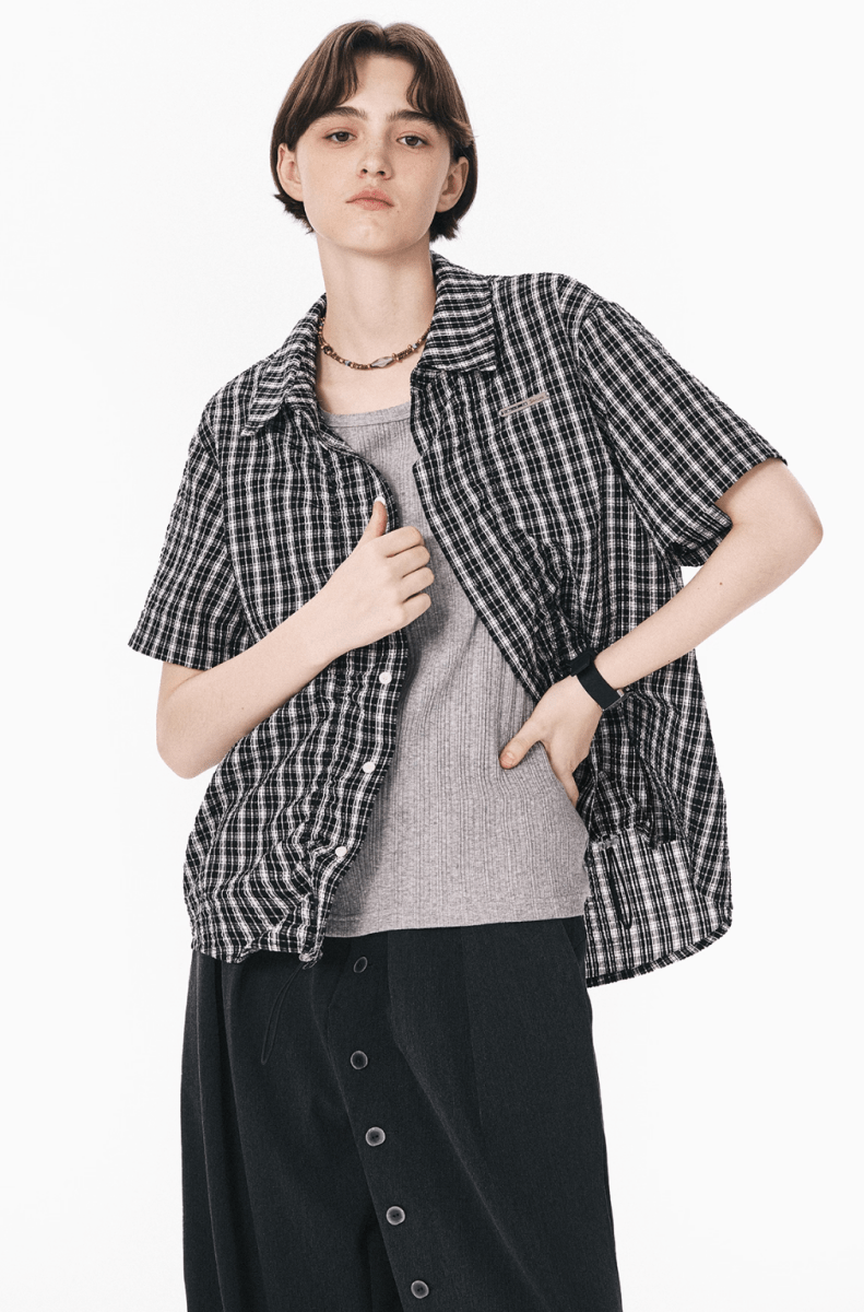 裾ドローコード付き チェック柄 半袖シャツ / Checked Wrinkle Shirt N5598 - ファッション通販NNine（ナイン）