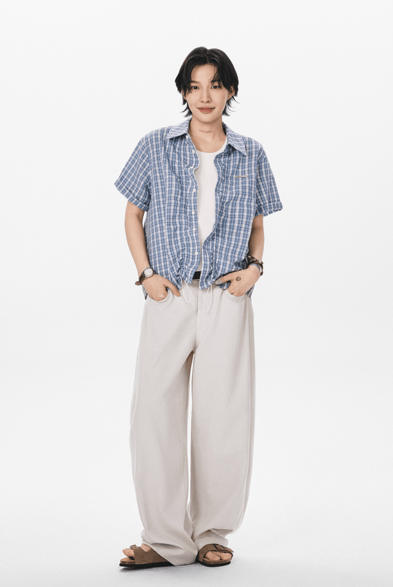 裾ドローコード付き チェック柄 半袖シャツ / Checked Wrinkle Shirt N5598 - ファッション通販NNine（ナイン）