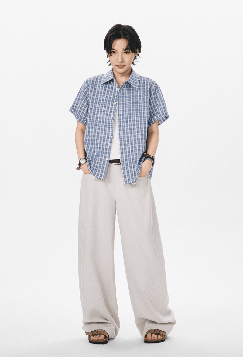 裾ドローコード付き チェック柄 半袖シャツ / Checked Wrinkle Shirt N5598 - ファッション通販NNine（ナイン）