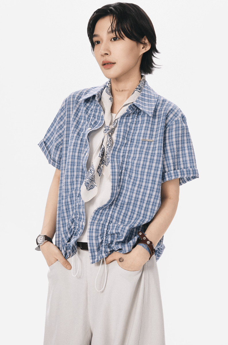 裾ドローコード付き チェック柄 半袖シャツ / Checked Wrinkle Shirt N5598 - ファッション通販NNine（ナイン）