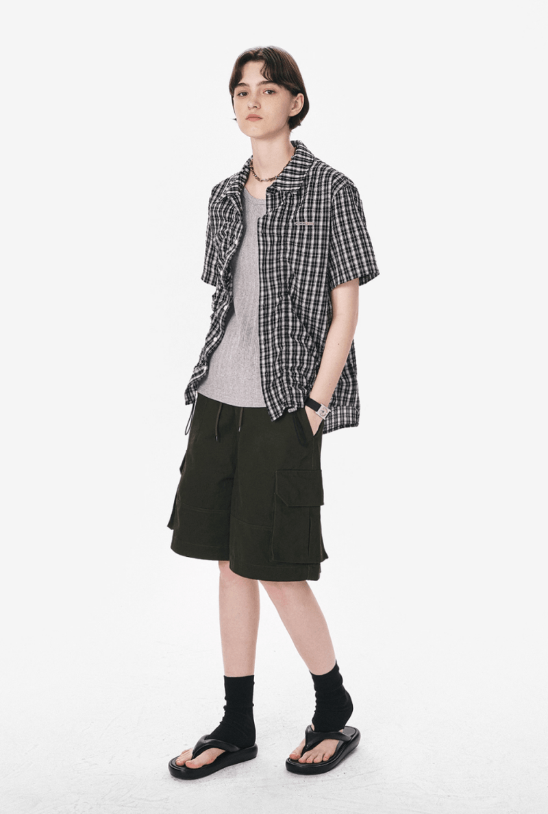 裾ドローコード付き チェック柄 半袖シャツ / Checked Wrinkle Shirt N5598 - ファッション通販NNine（ナイン）