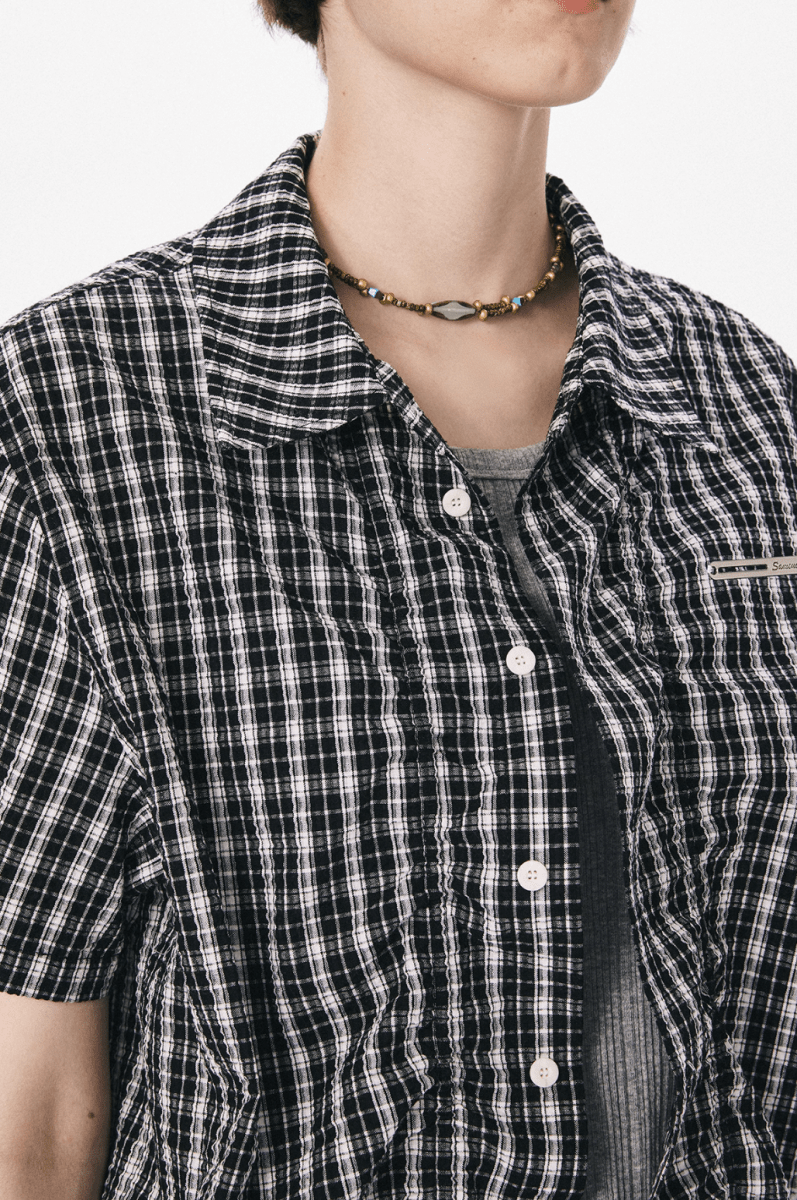 裾ドローコード付き チェック柄 半袖シャツ / Checked Wrinkle Shirt N5598 - ファッション通販NNine（ナイン）