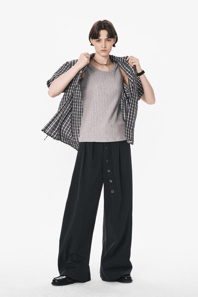 裾ドローコード付き チェック柄 半袖シャツ / Checked Wrinkle Shirt N5598 - ファッション通販NNine（ナイン）