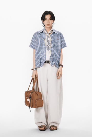 裾ドローコード付き チェック柄 半袖シャツ / Checked Wrinkle Shirt N5598
