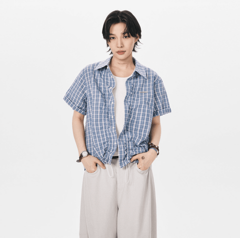Short-Sleeve Checked Shirt with Hem Drawstring / Checked Wrinkle Shirt   N5598