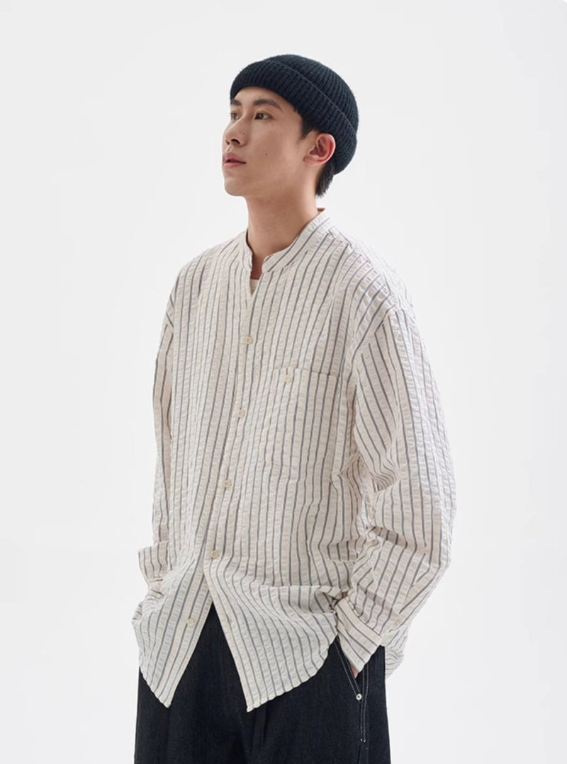 【シアーサッカー】collarless striped shirt N4341 - NNine