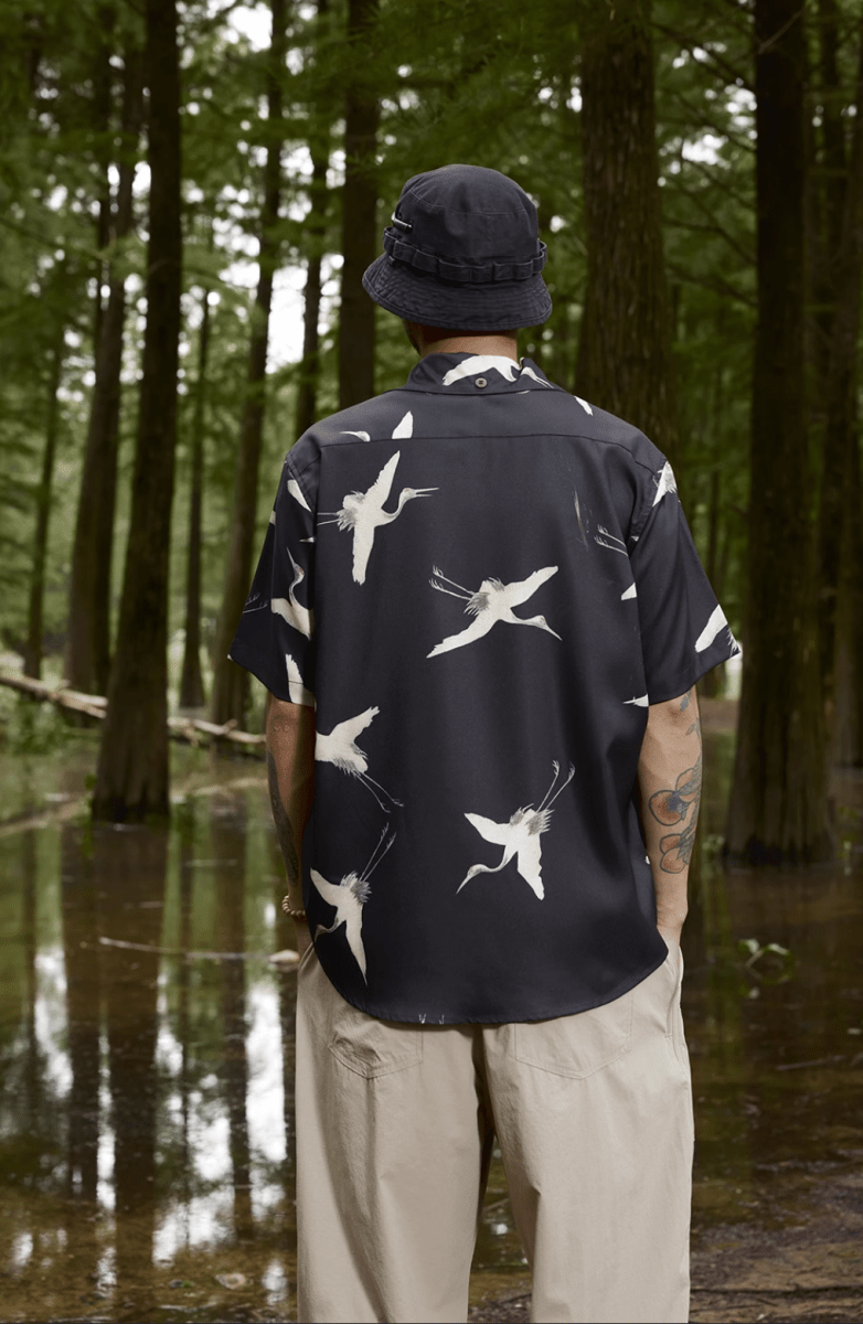 クレーンプリントオープンカラーシャツ メンズ レディース 鶴柄 開襟 / Crane Print Open Collar Shirt N5445 - メンズファッション通販 NNine(ナイン)