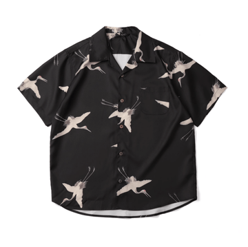 クレーンプリントオープンカラーシャツ メンズ レディース 鶴柄 開襟