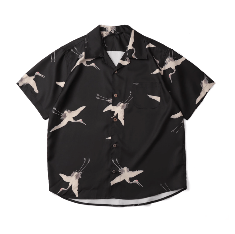クレーンプリントオープンカラーシャツ メンズ レディース 鶴柄 開襟 / Crane Print Open Collar Shirt N5445 - メンズファッション通販 NNine(ナイン)