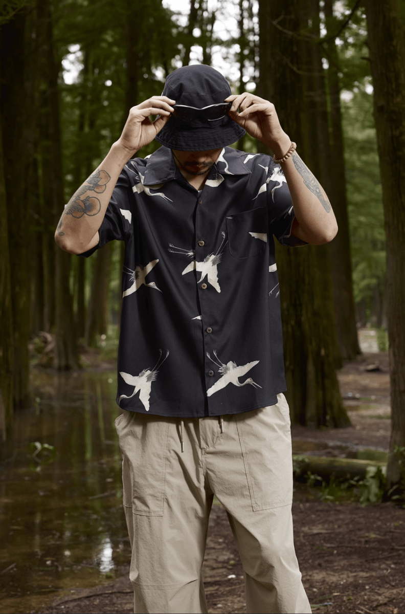 クレーンプリントオープンカラーシャツ メンズ レディース 鶴柄 開襟 / Crane Print Open Collar Shirt N5445 - メンズファッション通販 NNine(ナイン)