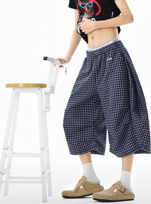ダークブルーチェッククロップドパンツ / Dark Blue Check Cropped Pants N5523 - ファッション通販NNine（ナイン）