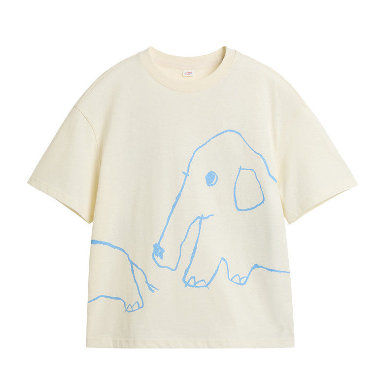 コットン手描きゾウ刺繍プリントTシャツ N7153