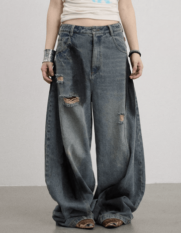 ダーティーウォッシュ ダメージ ワイドデニムパンツ / Dirty