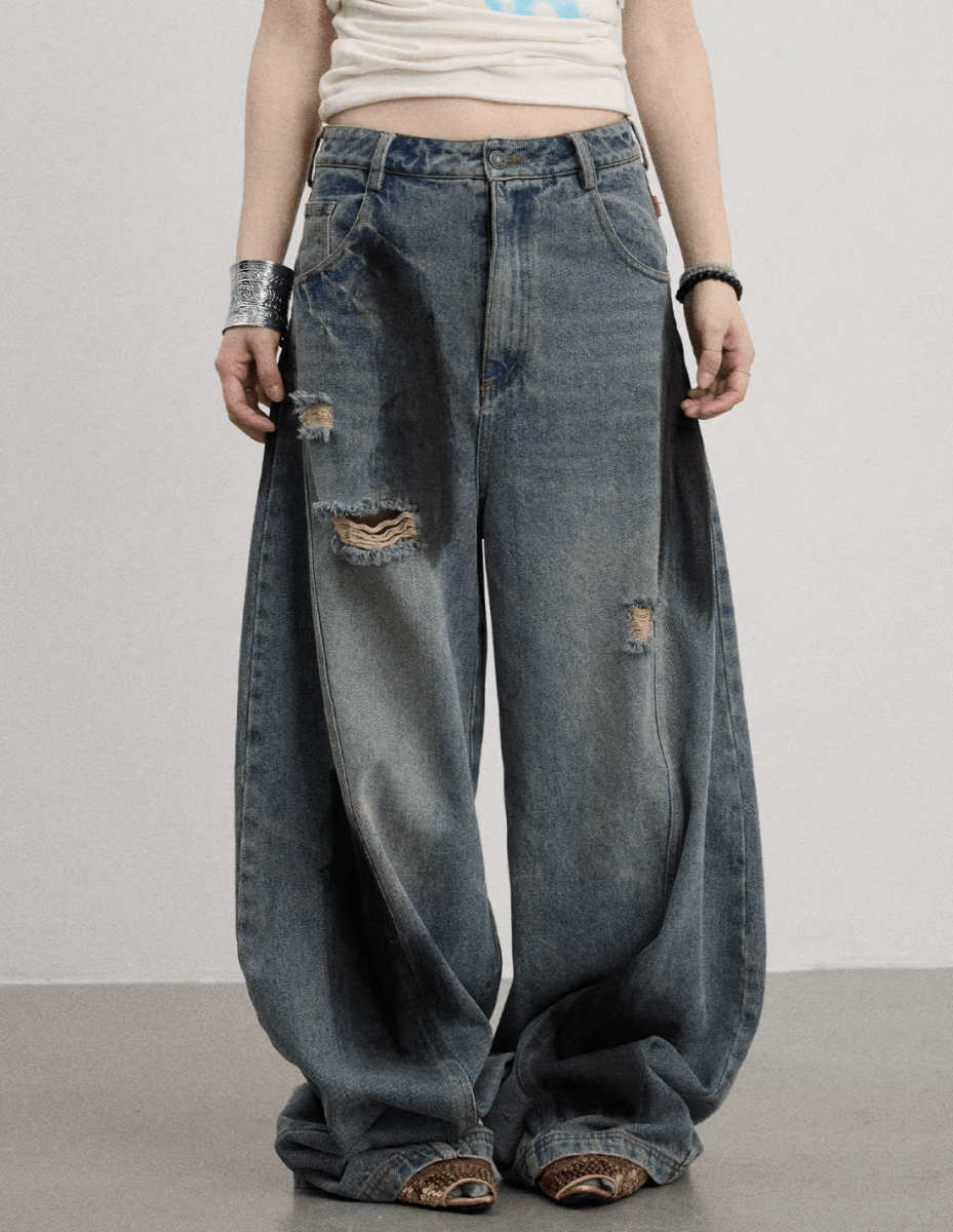 ダーティーウォッシュ ダメージ ワイドデニムパンツ / Dirty distressed denim pants N5589 - ファッション通販NNine（ナイン）