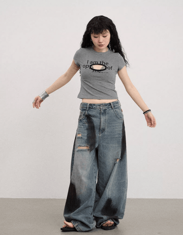 ダーティーウォッシュ ダメージ ワイドデニムパンツ / Dirty distressed denim pants N5589