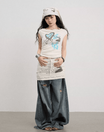 ダーティーウォッシュ ダメージ ワイドデニムパンツ / Dirty distressed denim pants N5589