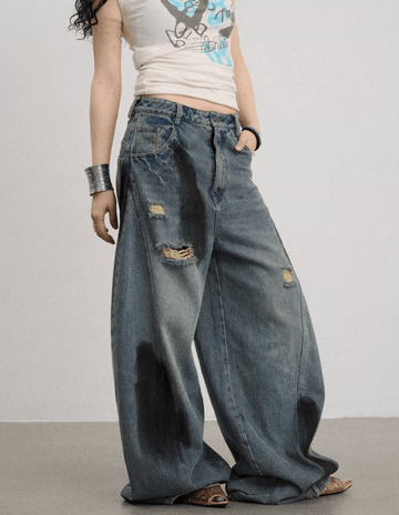 ダーティーウォッシュ ダメージ ワイドデニムパンツ / Dirty distressed denim pants N5589