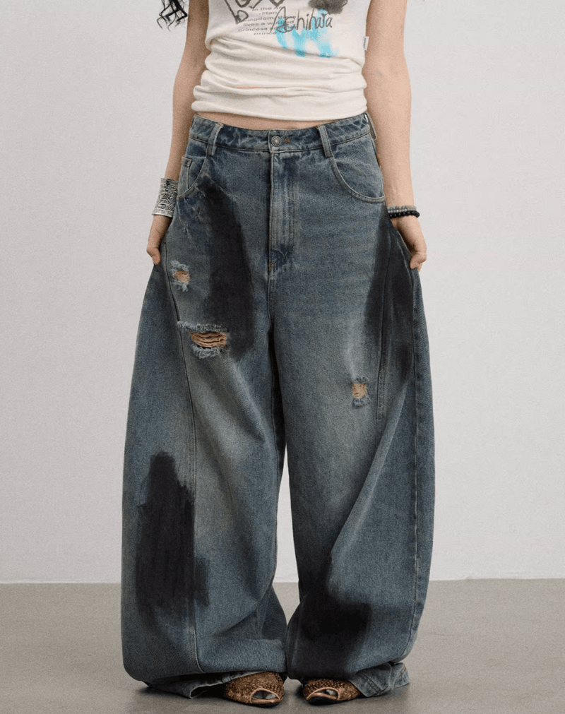 ダーティーウォッシュ ダメージ ワイドデニムパンツ / Dirty distressed denim pants N5589 - ファッション通販NNine（ナイン）