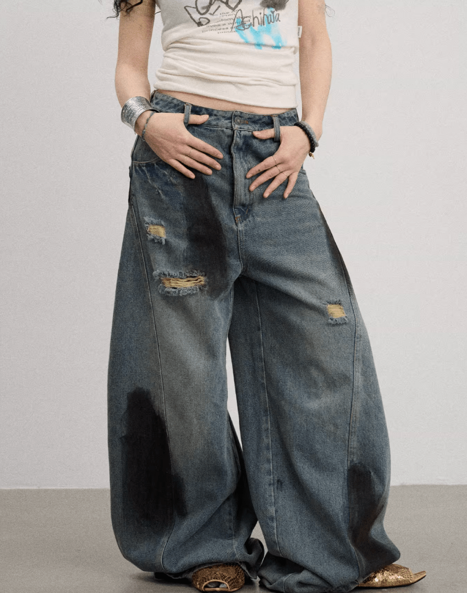 ダーティーウォッシュ ダメージ ワイドデニムパンツ / Dirty distressed denim pants N5589 - ファッション通販NNine（ナイン）