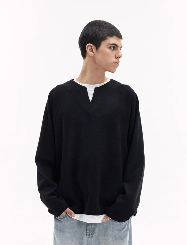 Faux layered henley collar t-shirt / ワッフルヘンリーネック重ね着ロンT N4200 - NNine