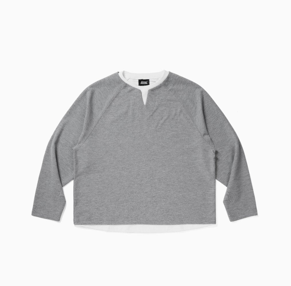 Faux layered henley collar t-shirt / ワッフルヘンリーネック重ね着ロンT N4200 - NNine