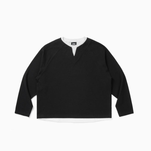 Faux layered henley collar t-shirt / ワッフルヘンリーネック重ね着ロンT N4200 - NNine