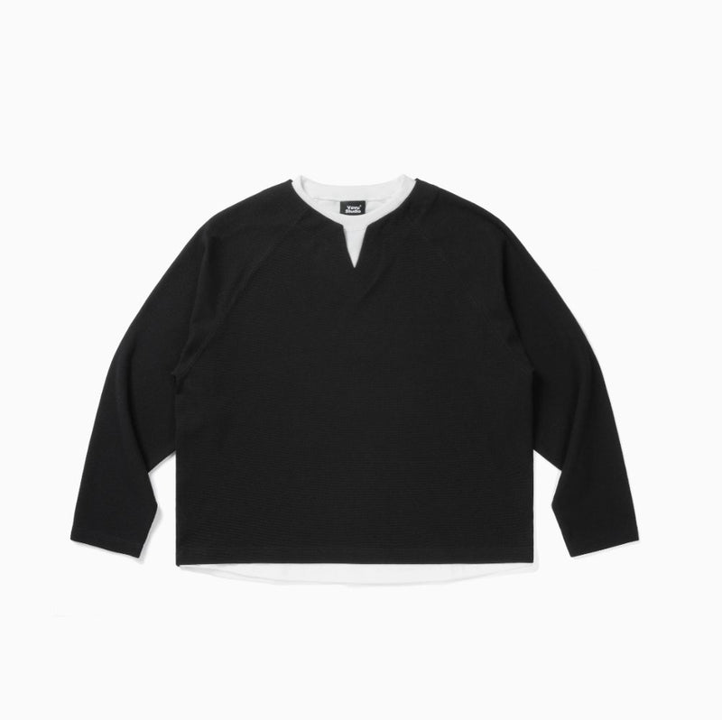 Faux layered henley collar t-shirt / ワッフルヘンリーネック重ね着ロンT N4200 - NNine