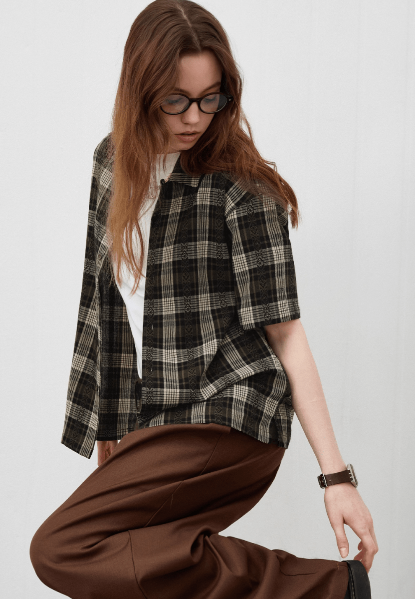 Jacquard Check Shirt / ジャカード チェック シャツ 半袖 開襟 レトロ N5292 - ファッション通販 NNine(ナイン)