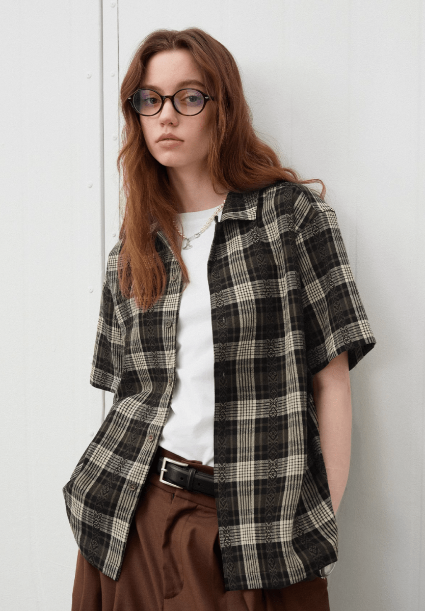 Jacquard Check Shirt / ジャカード チェック シャツ 半袖 開襟 レトロ N5292 - ファッション通販 NNine(ナイン)