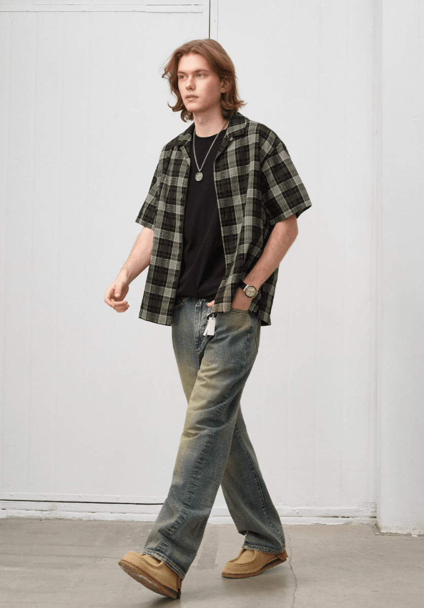 Jacquard Check Shirt / ジャカード チェック シャツ 半袖 開襟 レトロ N5292 - ファッション通販 NNine(ナイン)