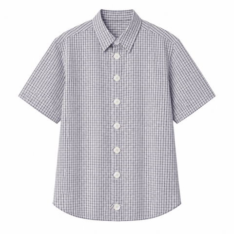 Gingham Check Flower Button Loose-Fit Short-Sleeve Shirt N6994