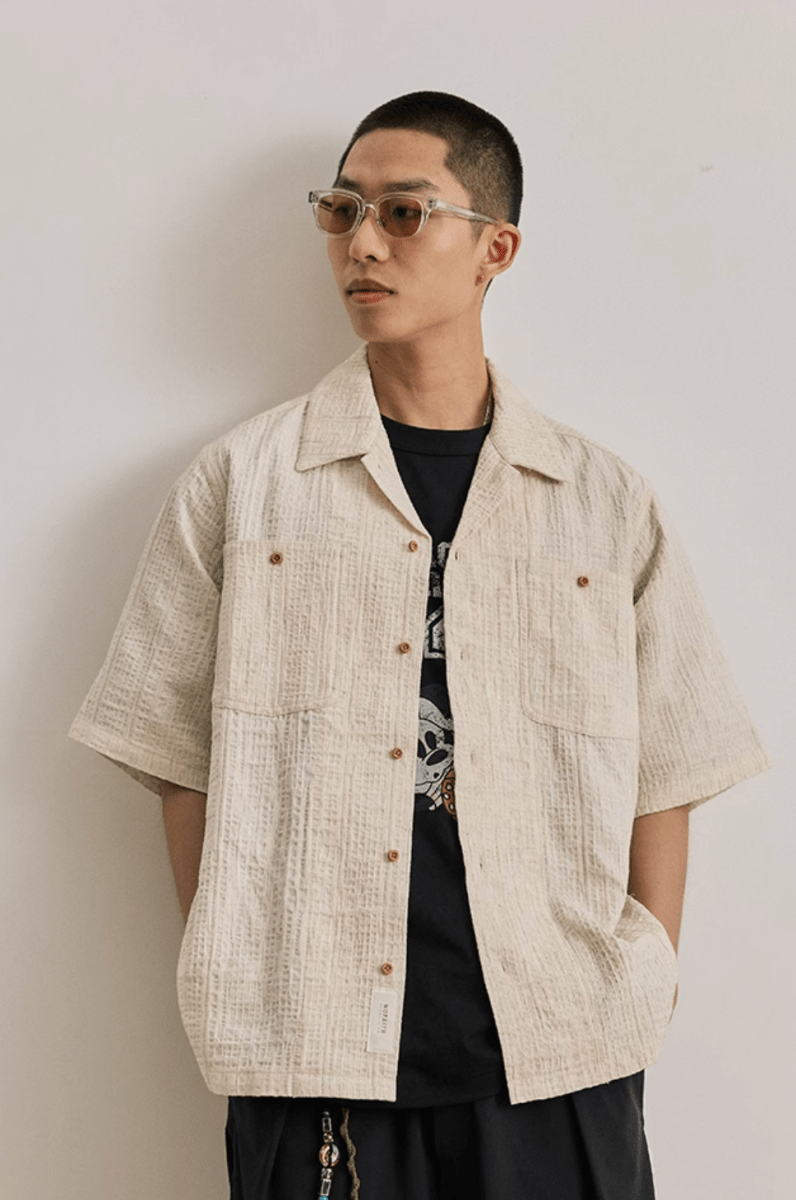 Open Collar Shirt Linen Blend / 開襟シャツ 半袖 綿麻 リネン混 レトロ N5289 - ファッション通販 NNine(ナイン)