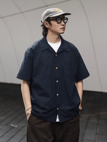 Unique checkered pattern] Men's Short-Sleeved Open Collar Shirt Paint